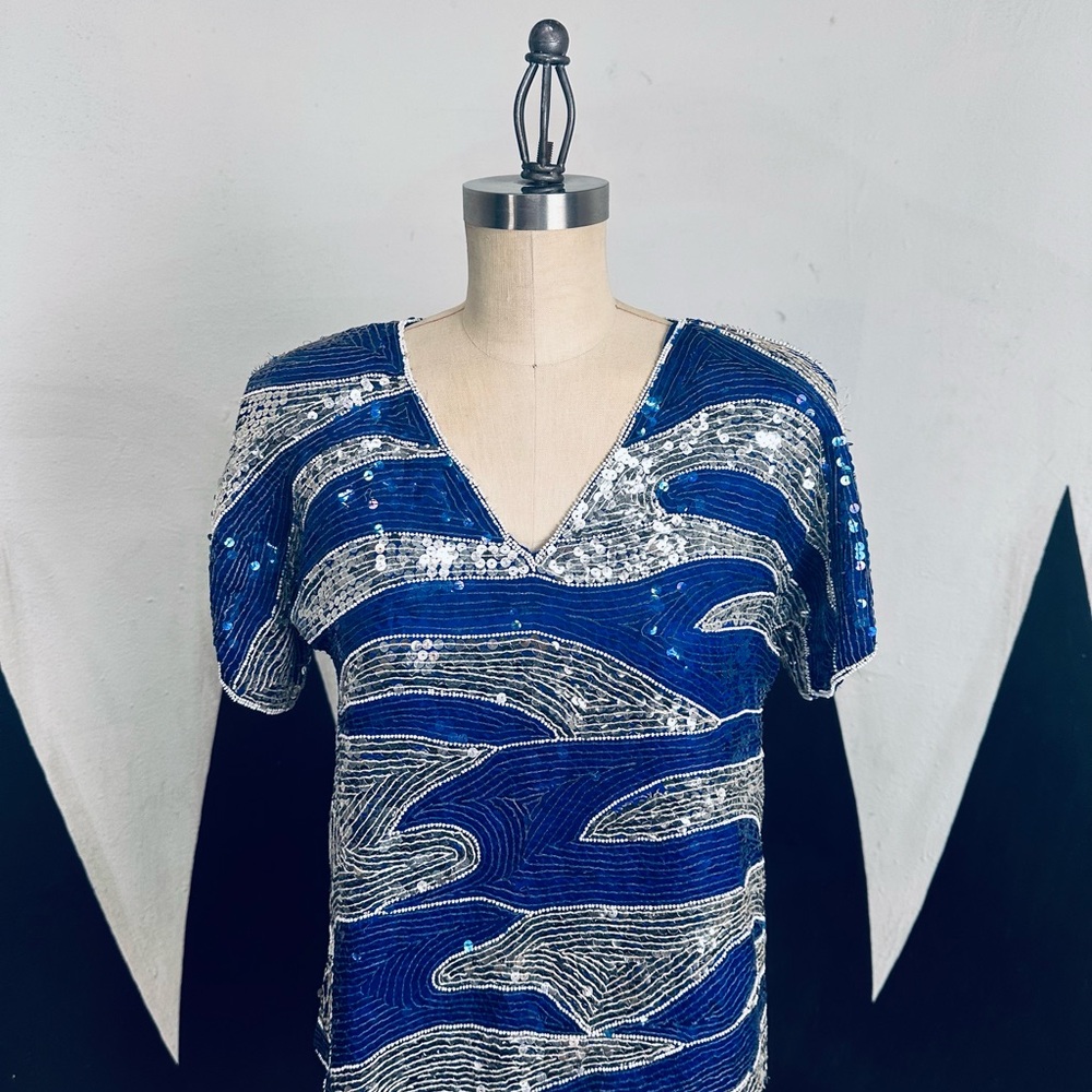 Vintage Imperial Silk Sequin and Beaded Top in Blue and Silver